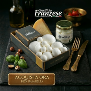 Selezione Box Famiglia Caseificio Franzese con Mozzarella di Bufala Campana DOP, ciliegine e latticini freschi su vassoio gourmet.