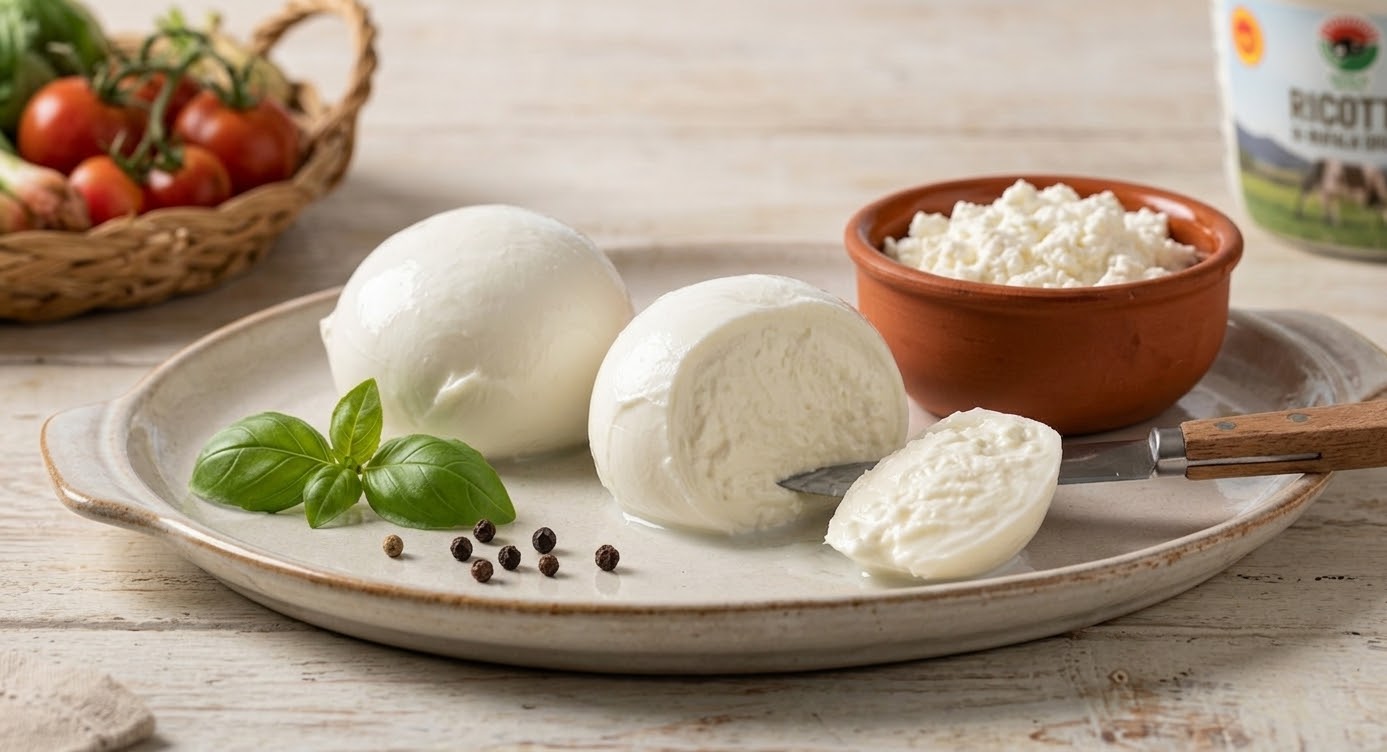 Mozzarella di bufala DOP e ricotta Franzese su piatto